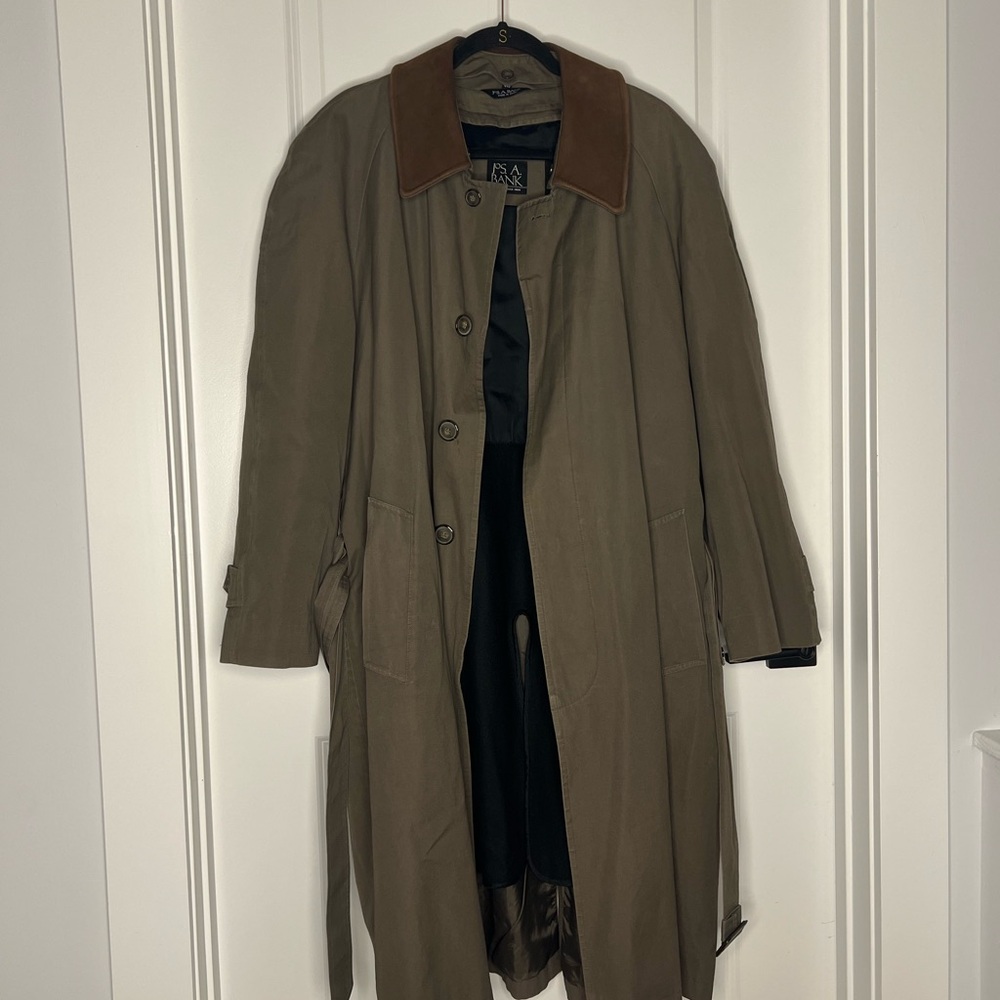 Jos. A. Bank Brown Khaki Trench Coat with Leather Collar, size 44S